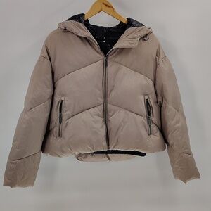 ZARA Puffy Cropped Puffer Coat Size Medium Tan w Black Zip Hood